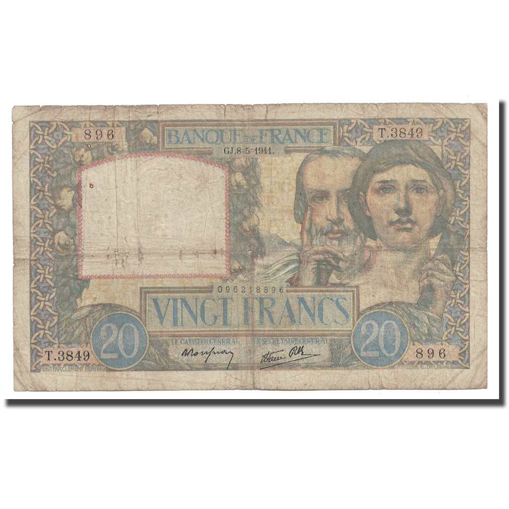 France, 20 Francs, Science et Travail, 1941, 1941-05-08, VG(8-10)