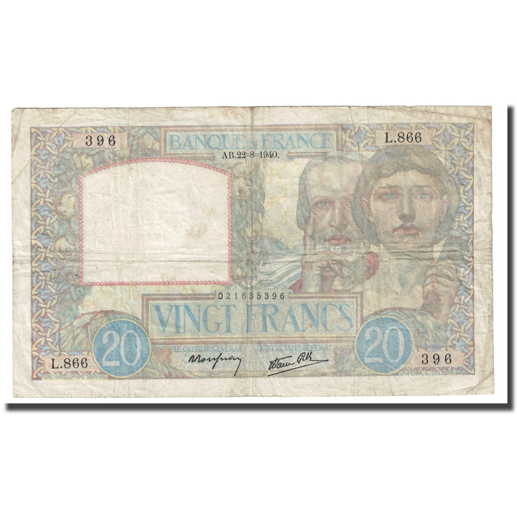 Frankreich, 20 Francs, Science et Travail, 1940, 1940-08-22, S, Fayette:12.06
