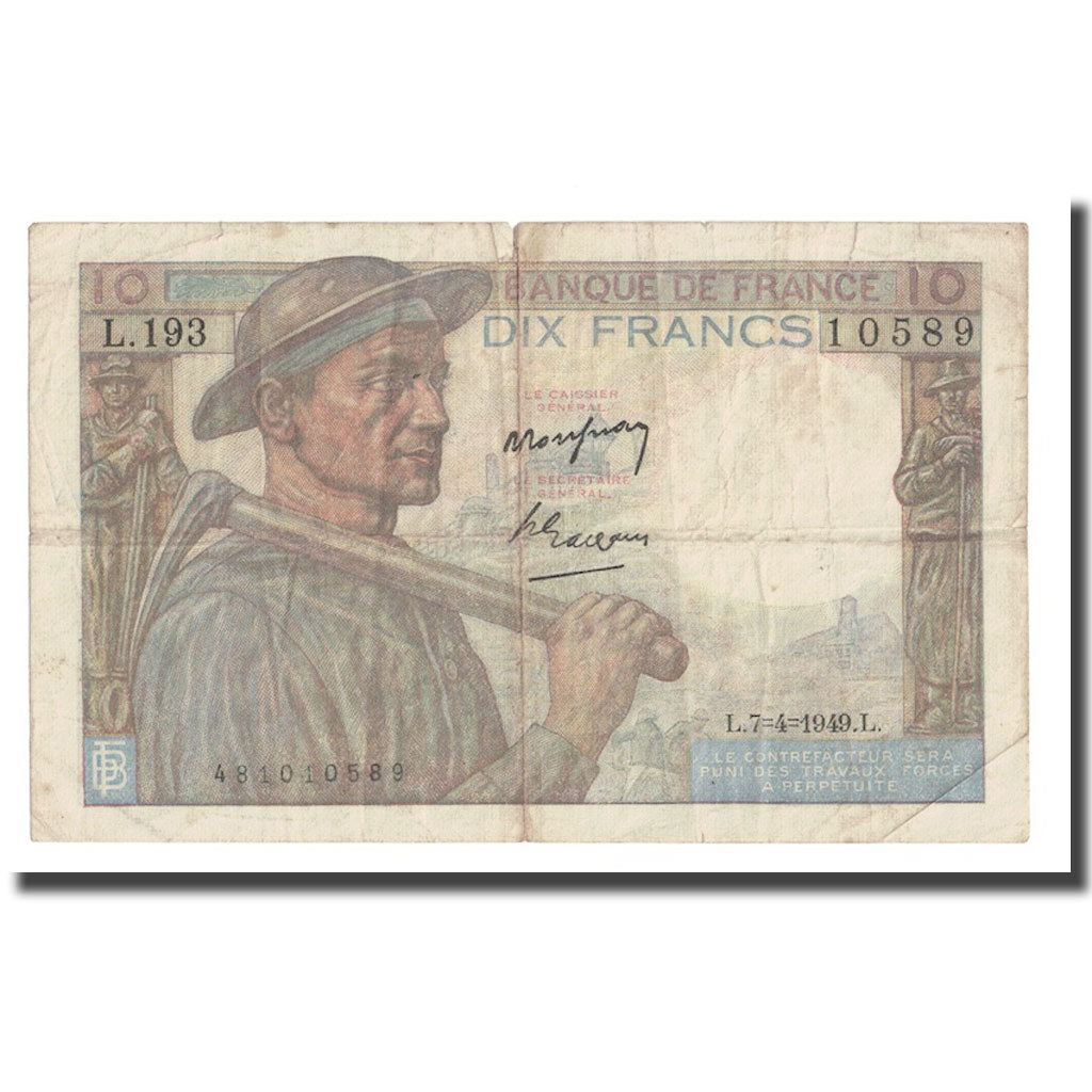 France, 10 Francs, Mineur, 1949, 1949-03-10, TB+, Fayette:8.21, KM:99f