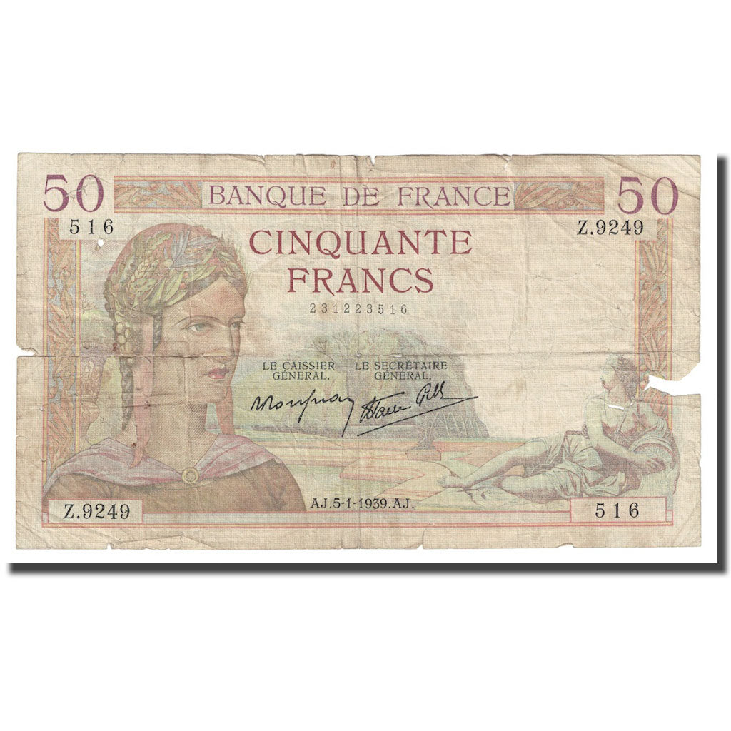 France, 50 Francs, Cérès, 1939, 1939-01-05, VF(20-25), Fayette:18.19, KM:85b