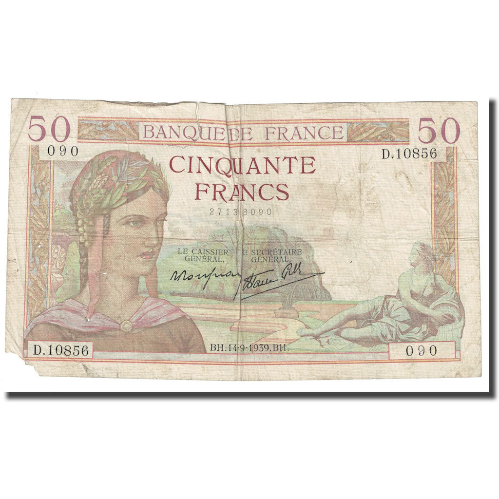 France, 50 Francs, Cérès, 1939, 1939-09-14, VF(20-25), Fayette:18.30, KM:85b