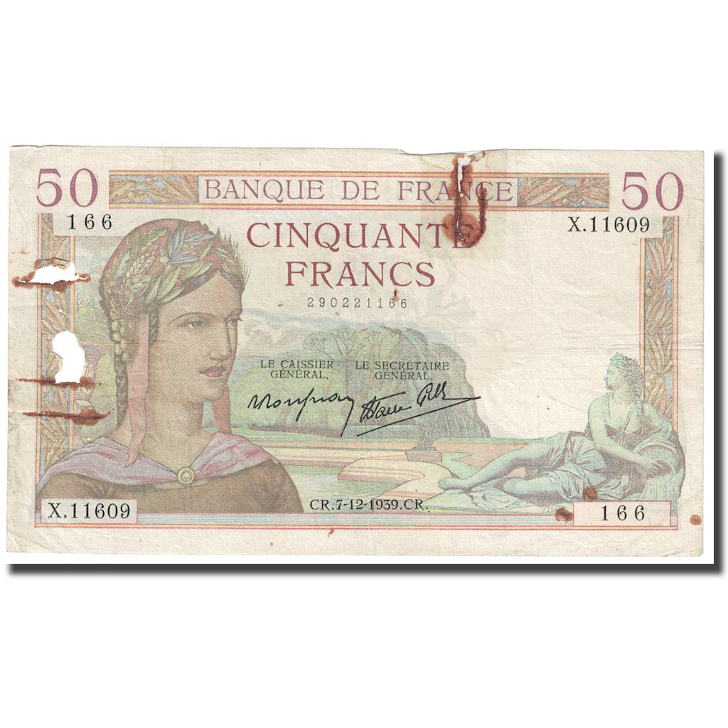 France, 50 Francs, Cérès, 1939, 1939-12-07, TB, Fayette:18.35, KM:85b