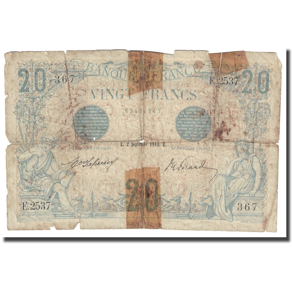 France, 20 Francs, Bleu, 1912, 1912-09-02, AG(1-3), Fayette:10.2, KM:68b