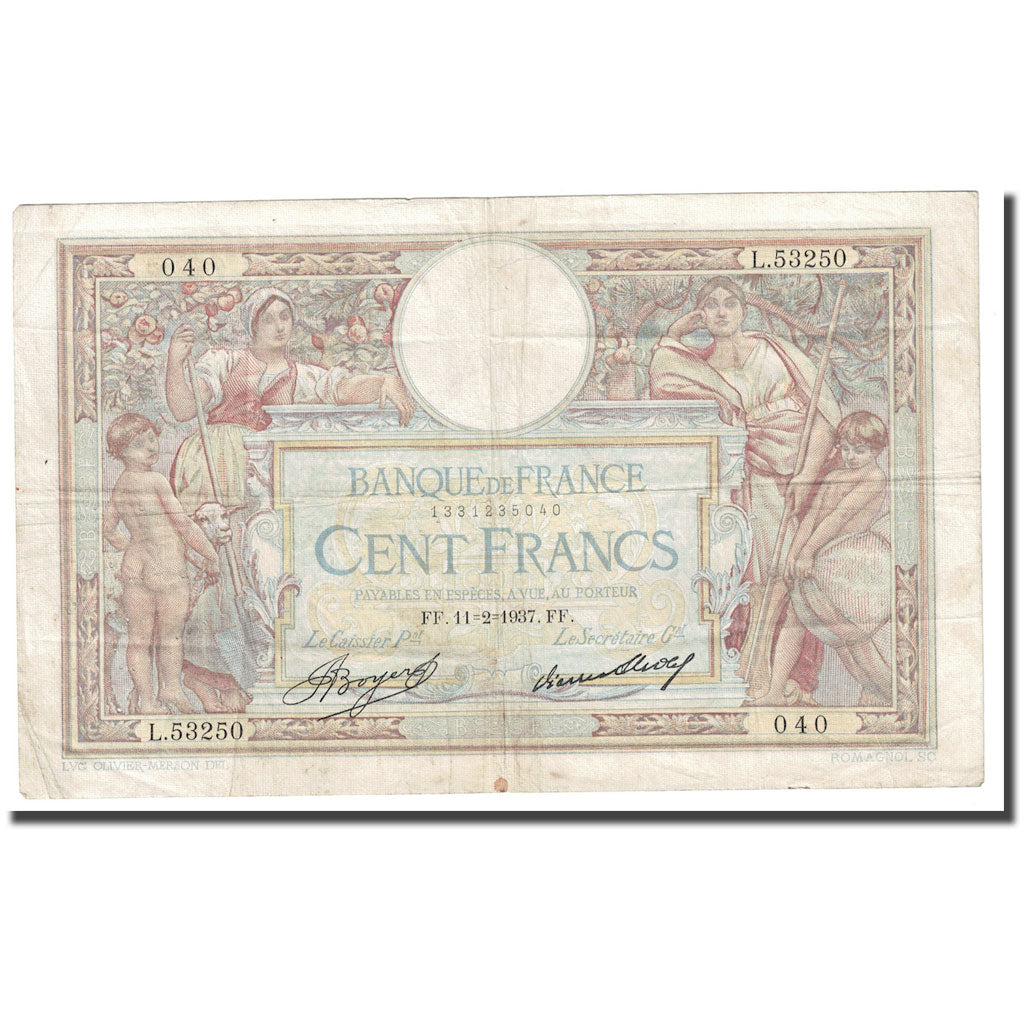 France, 100 Francs, Luc Olivier Merson, 1937, 1937-02-11, EF(40-45)