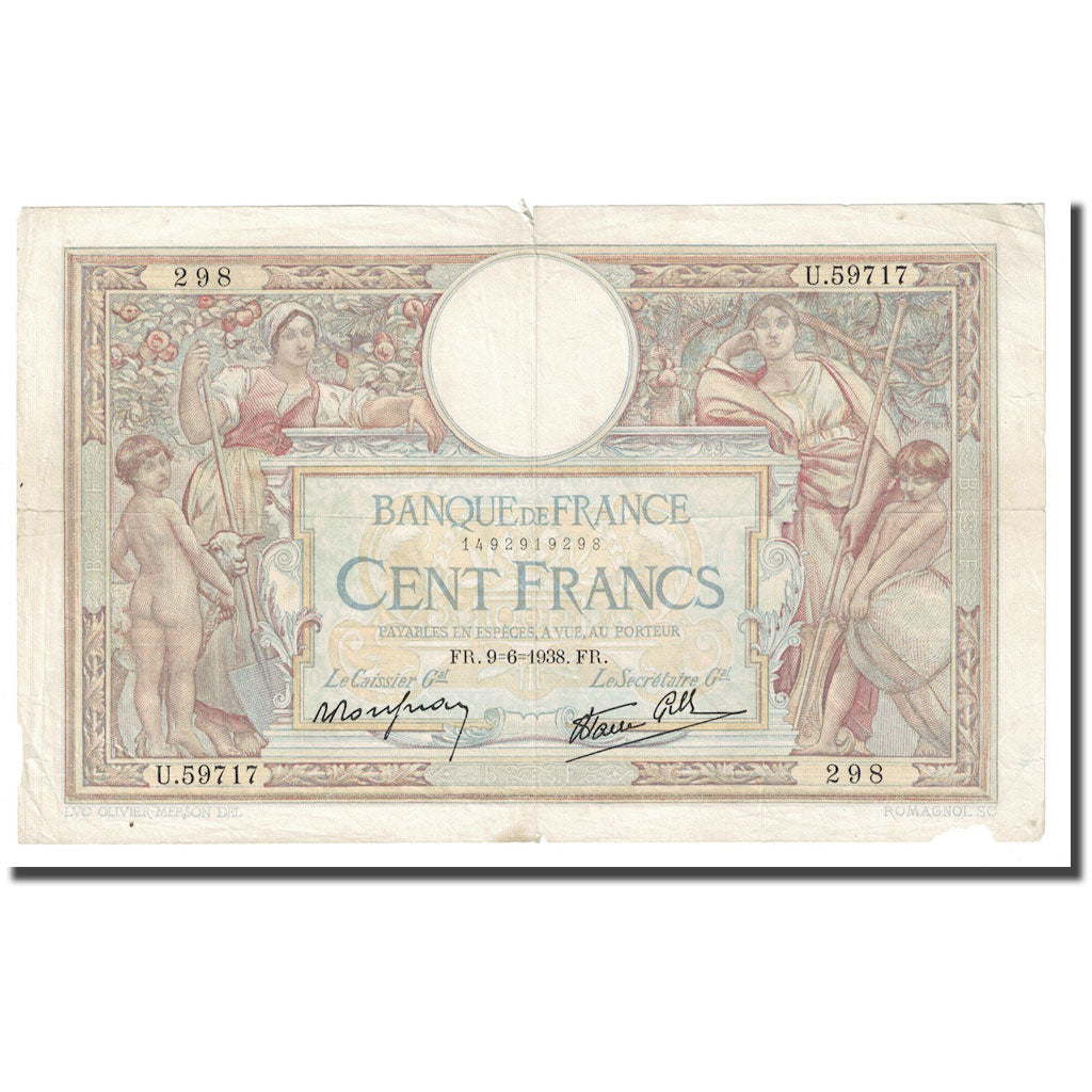 France, 100 Francs, Luc Olivier Merson, 1938, 1938-06-09, VF(20-25)