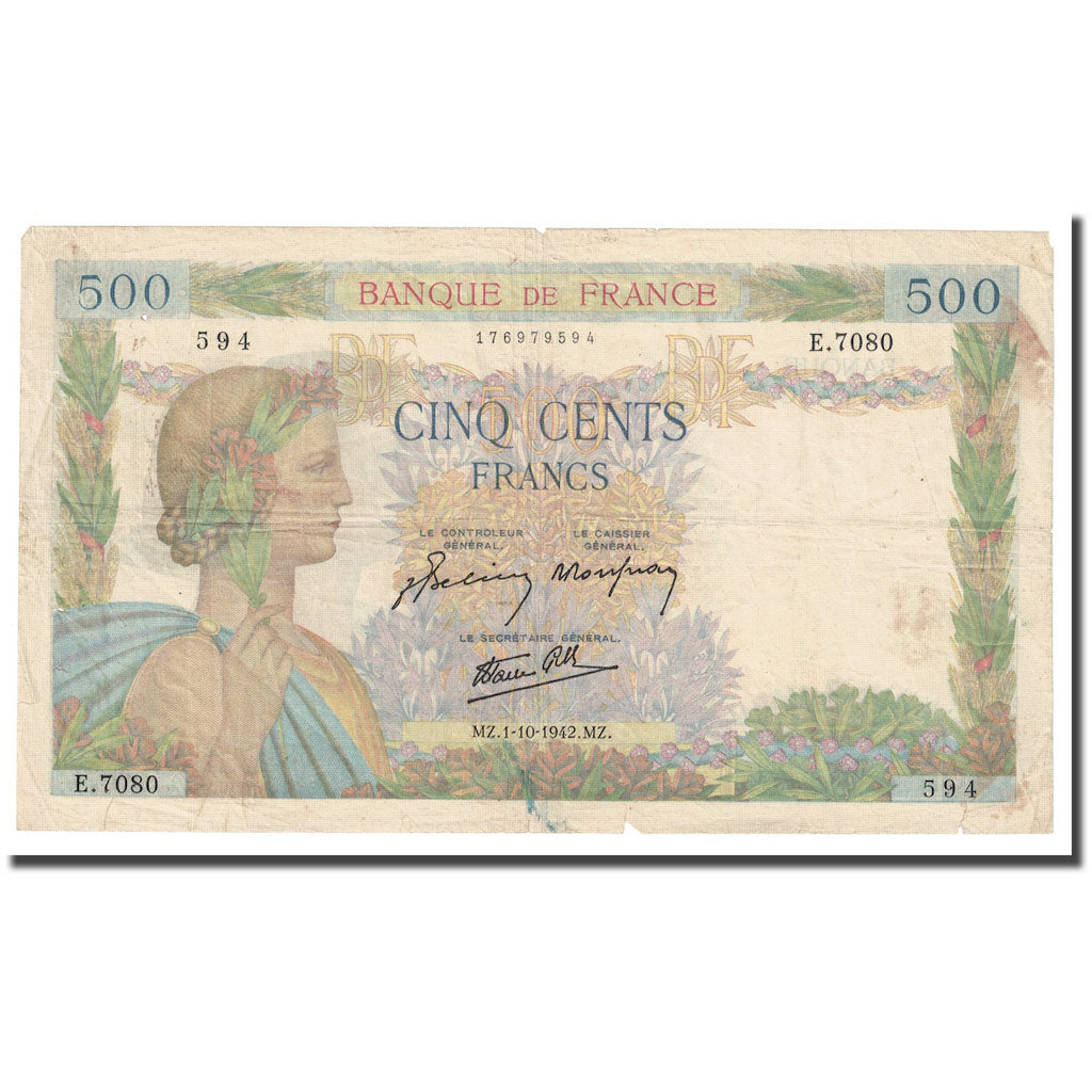 France, 500 Francs, La Paix, 1942, 1942-10-01, TTB, Fayette:32.41, KM:95b