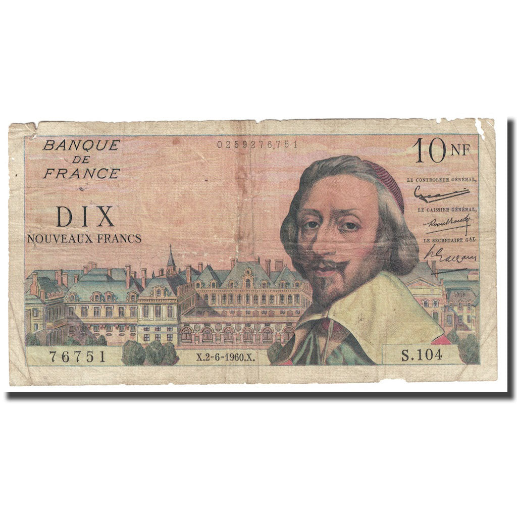 France, 10 Nouveaux Francs, Richelieu, 1960, 1960-06-02, VG(8-10), Fayette:57.8