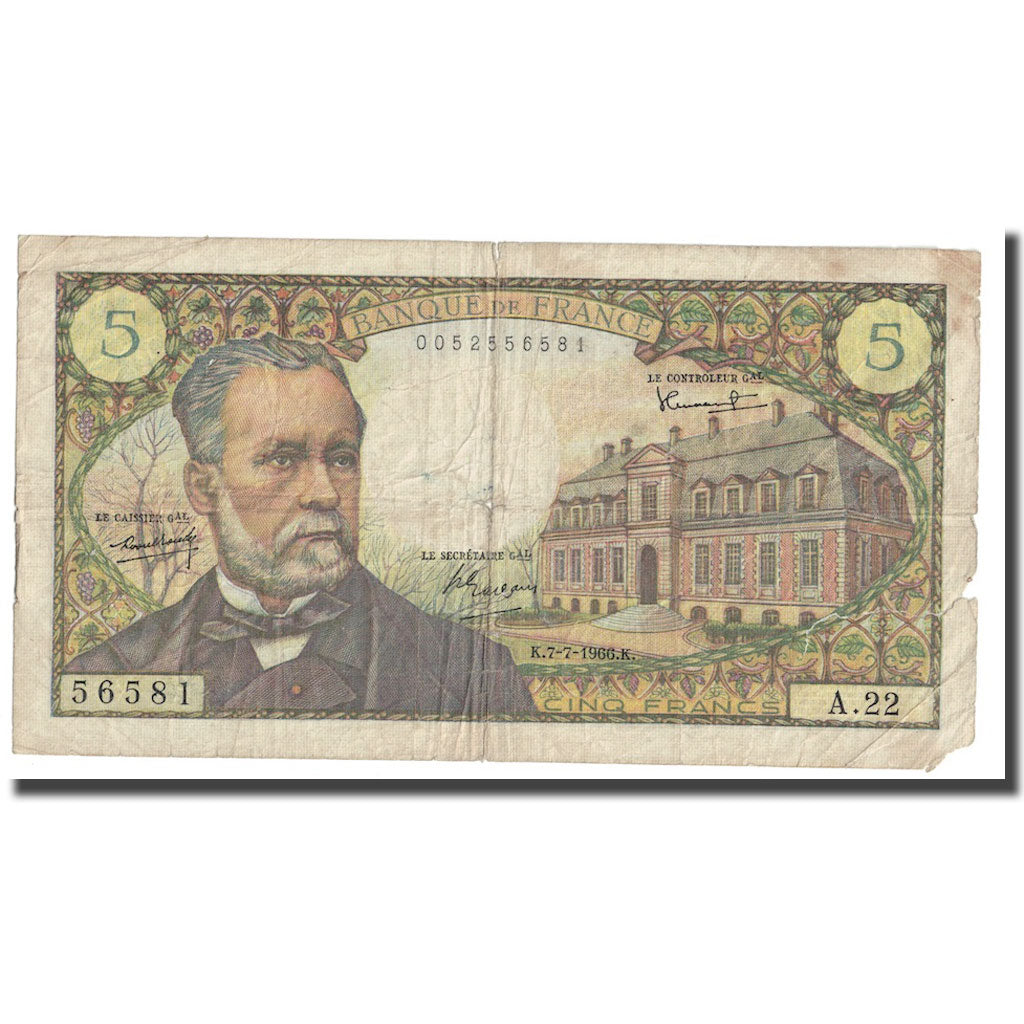 France, 5 Francs, Pasteur, 1966, 1966-07-07, F(12-15), Fayette:61.2, KM:146a