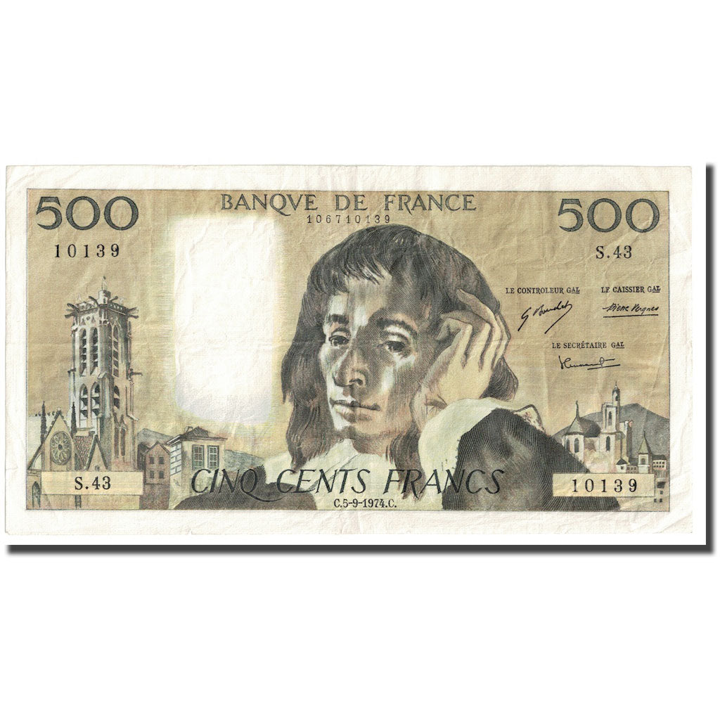 France, 500 Francs, Pascal, 1974, 1974-09-05, AU(50-53), Fayette:71.11, KM:156b