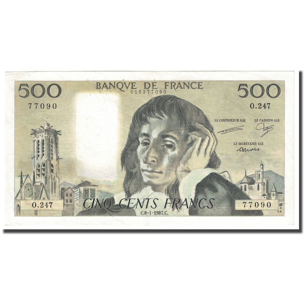 France, 500 Francs, Pascal, 1987, 1987-01-08, AU(55-58), Fayette:71.35, KM:156f