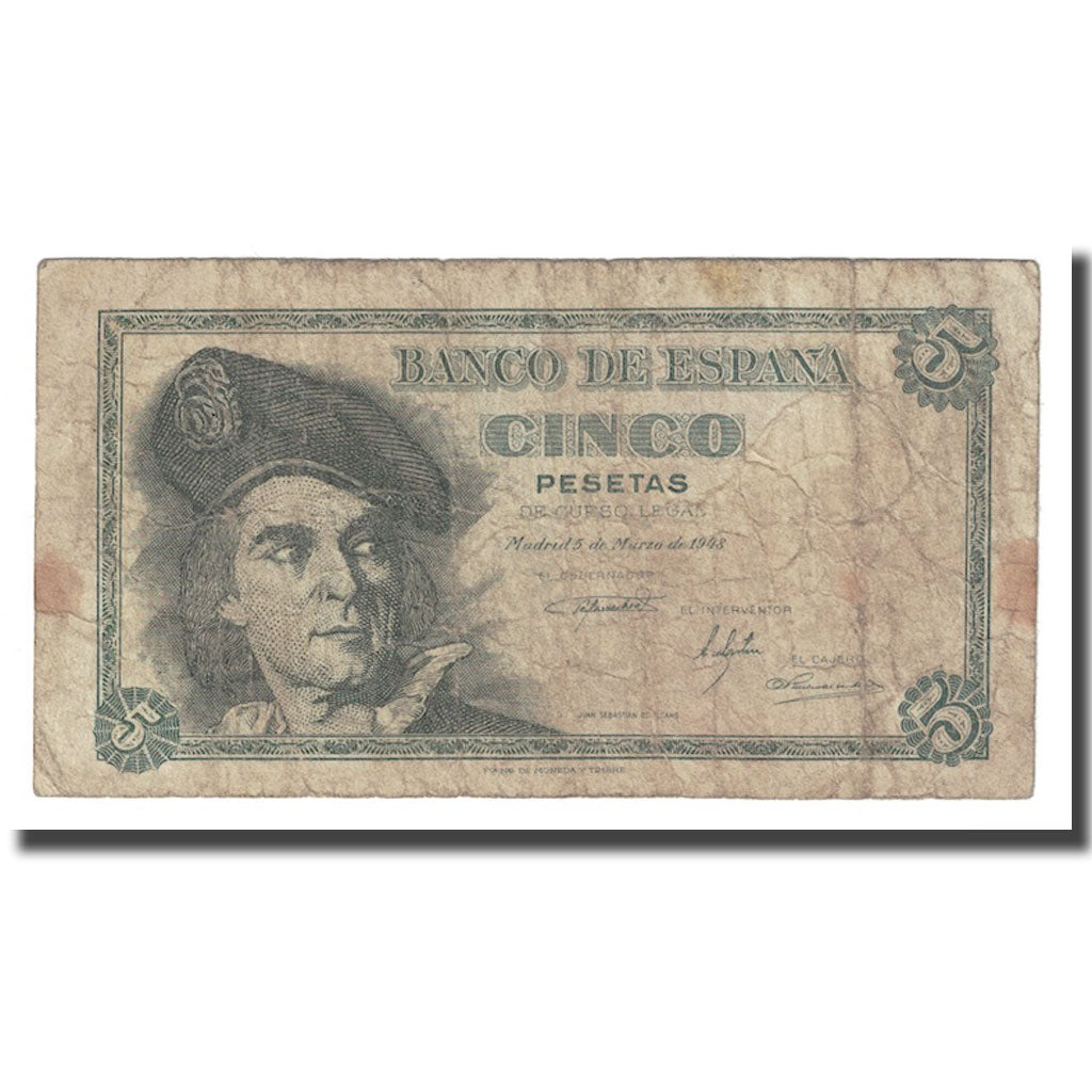 Banknote, Spain, 5 Pesetas, 1948, 1948-03-05, KM:136a, VF(20-25)