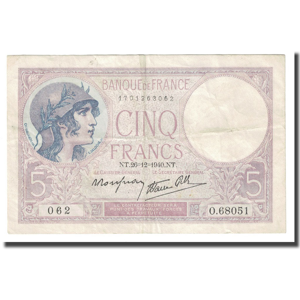 Frankrijk, 5 Francs, Violet, 1940, 1940-12-26, TTB, Fayette:04.18, KM:83