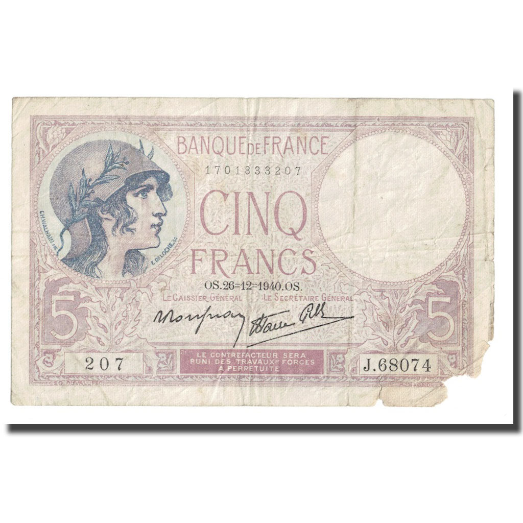 France, 5 Francs, Violet, 1940, 1940-12-26, VG(8-10), Fayette:04.18, KM:83