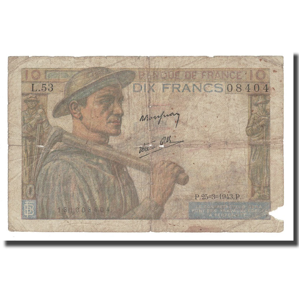 Francia, 10 Francs, Mineur, 1943, 1943-03-25, RC, Fayette:8.8, KM:99e