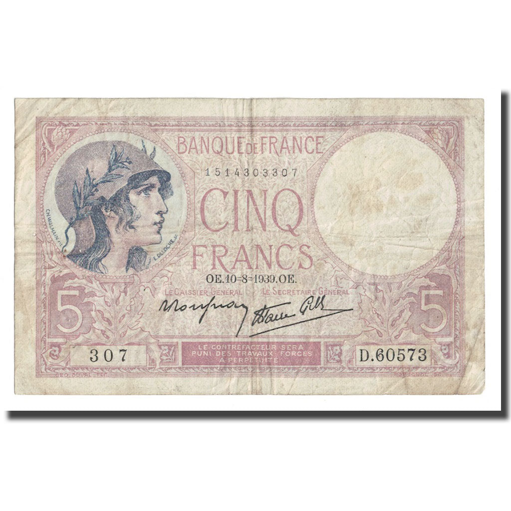 Francia, 5 Francs, Violet, 1939, 1939-08-10, BC+, Fayette:4.5, KM:83