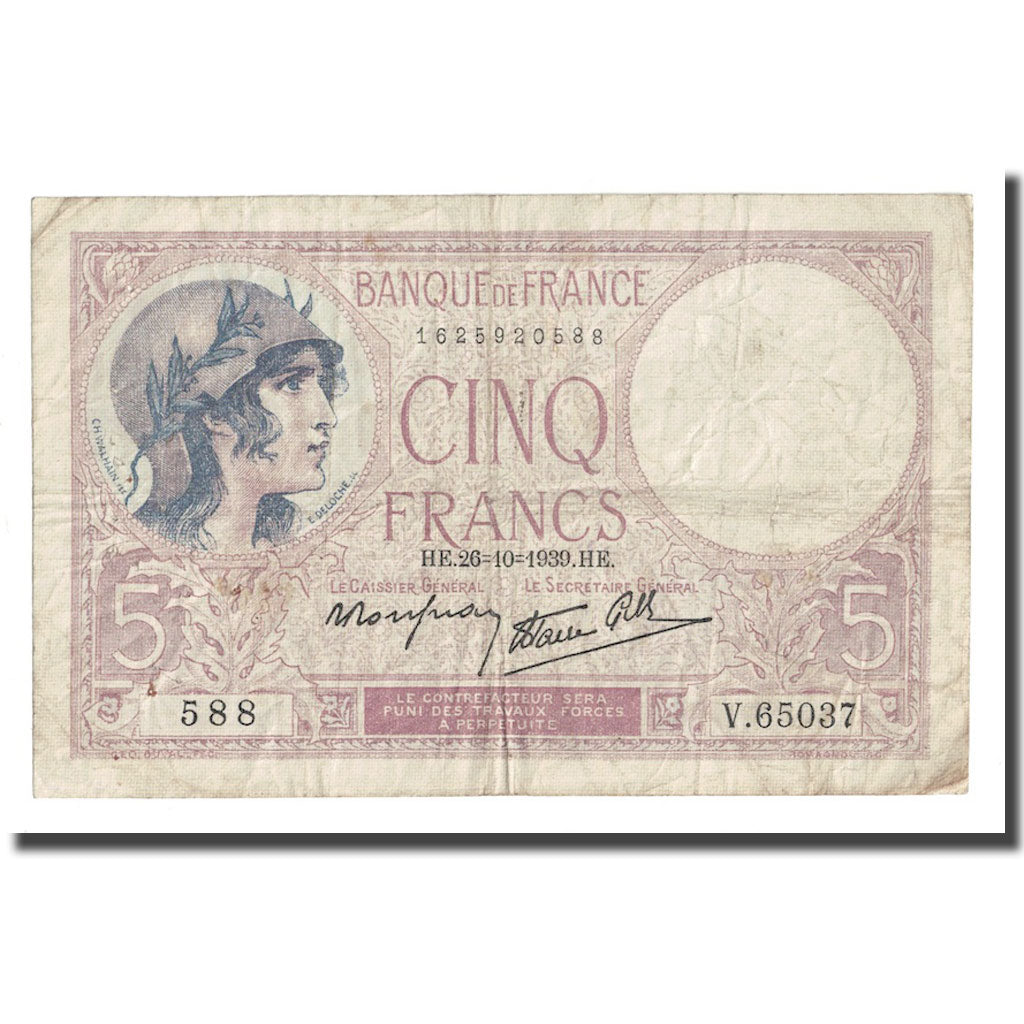 France, 5 Francs, Violet, 1939, 1939-10-26, VF(30-35), Fayette:4.13, KM:83