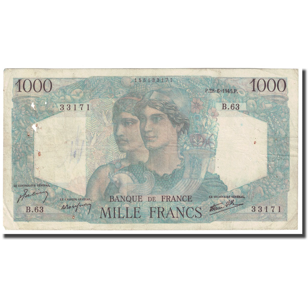 France, 1000 Francs, Minerve et Hercule, 1945, 1945-06-28, VF(30-35)