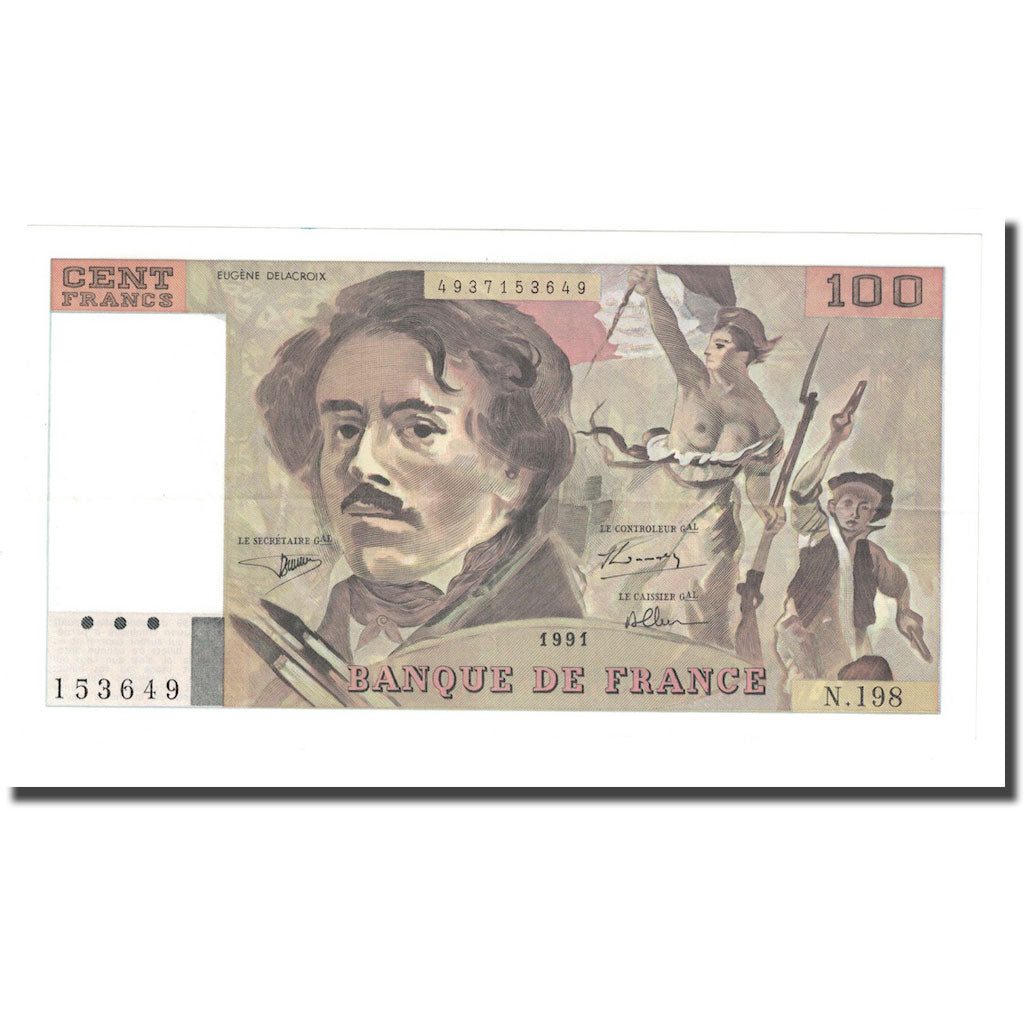 France, 100 Francs, Delacroix, 1991, SUP+, Fayette:69bis.4a, KM:154f