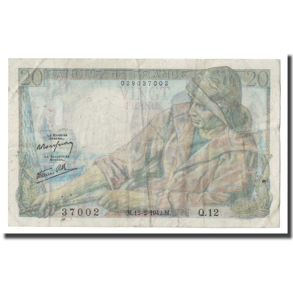 France, 20 Francs, Pêcheur, 1942, 1942-02-12, TB, Fayette:13.1, KM:100a