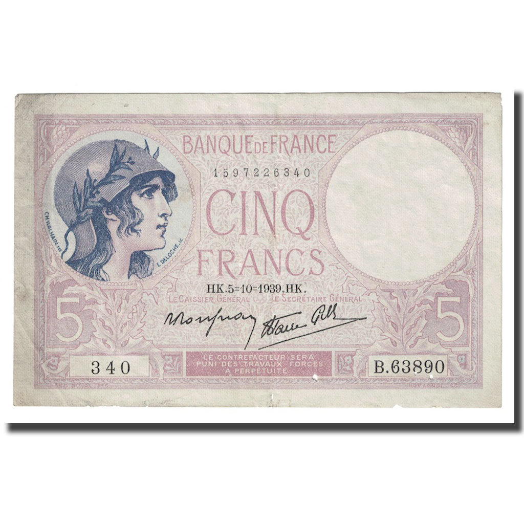 Frankreich, 5 Francs, Violet, 1939, 1939-10-05, S, Fayette:4.11, KM:83