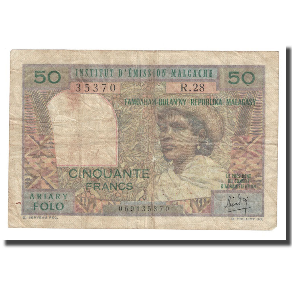 Banknote, Madagascar, 50 Francs = 10 Ariary, undated (1969), KM:61, VF(20-25)