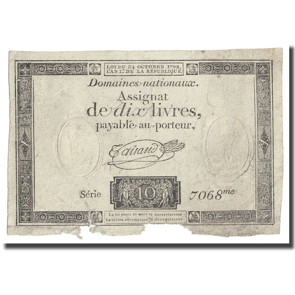 França, 10 Livres, 1792, Taisaud, 1792-10-24, VF(20-25), KM:A66b