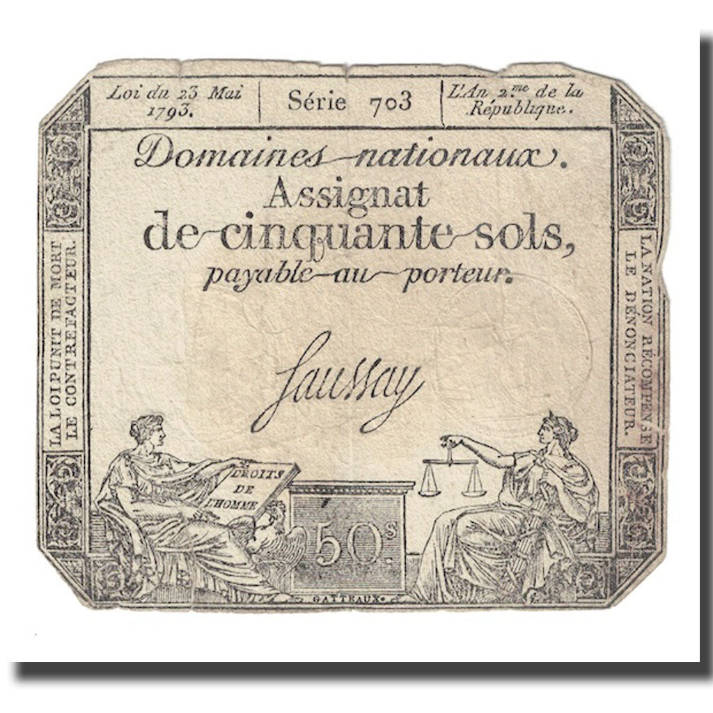 France, 50 Sols, 1793, Saussay, 1793-05-23, VG(8-10), KM:A70b
