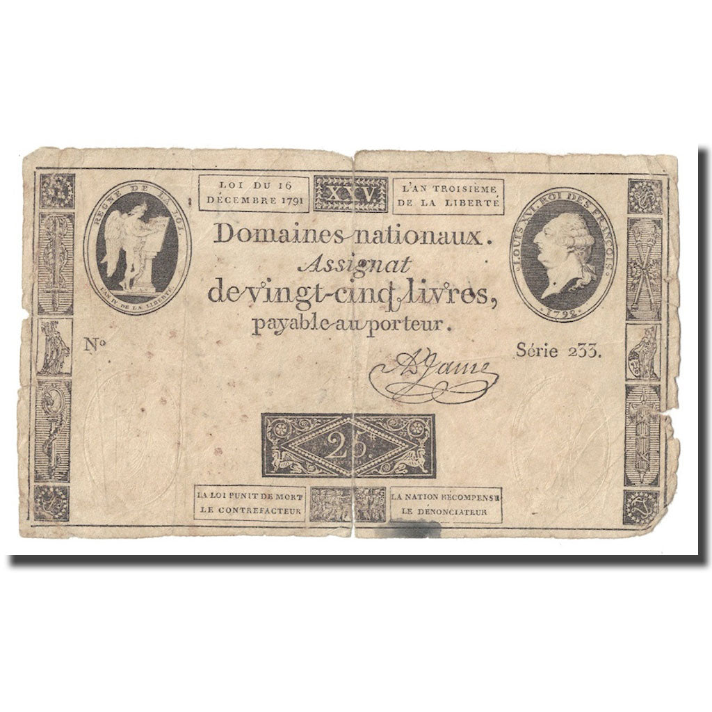 France, 25 Livres, 1791, A.Jame, 1791-12-16, B+, KM:A52