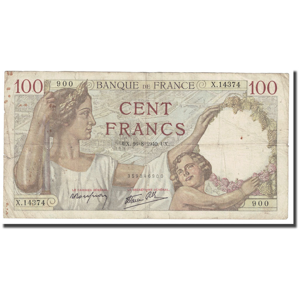 França, 100 Francs, 1940, 1940-08-16, VF(20-25), Fayette:26.36, KM:94