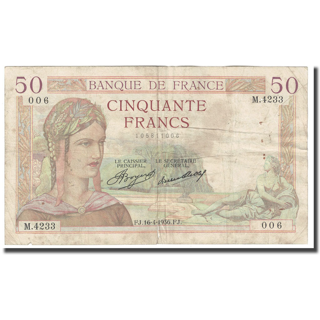 France, 50 Francs, Cérès, 1936, 1936-04-16, F(12-15), Fayette:17.24, KM:81