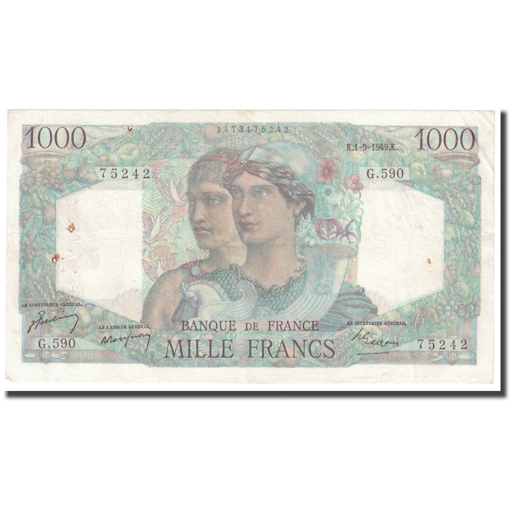Francia, 1000 Francs, Minerve et Hercule, 1949, 1949-09-01, MB+, Fayette:41.29