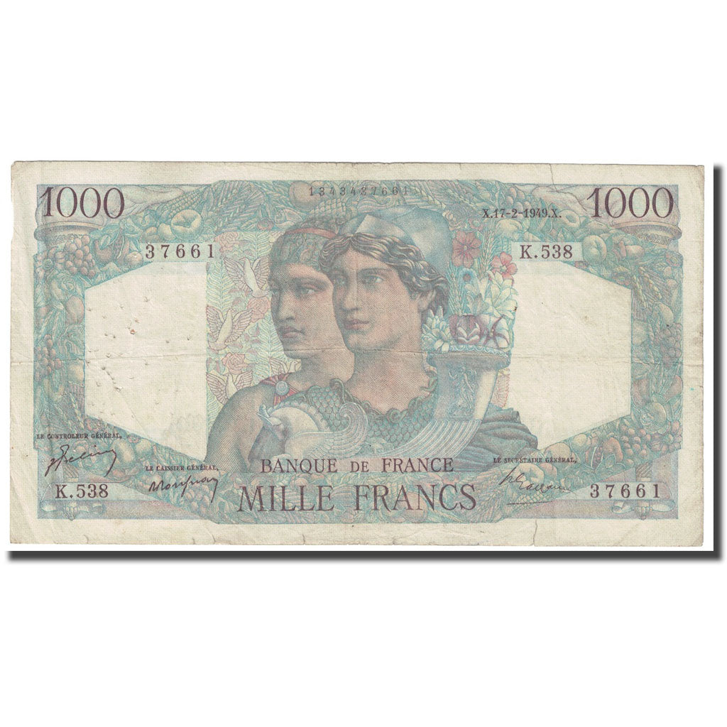 France, 1000 Francs, Minerve et Hercule, 1949, 1949-02-17, VF(20-25)