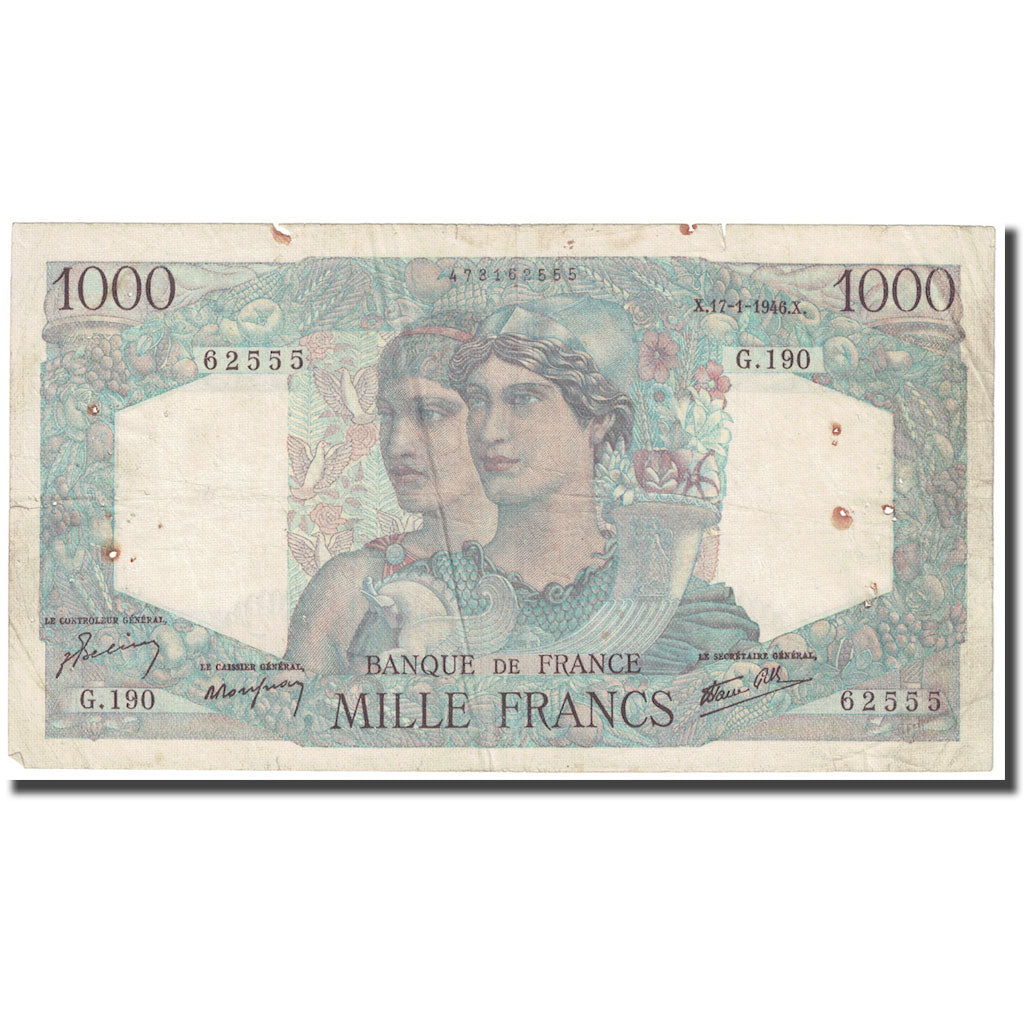 France, 1000 Francs, Minerve et Hercule, 1946, 1946-01-17, VG(8-10)