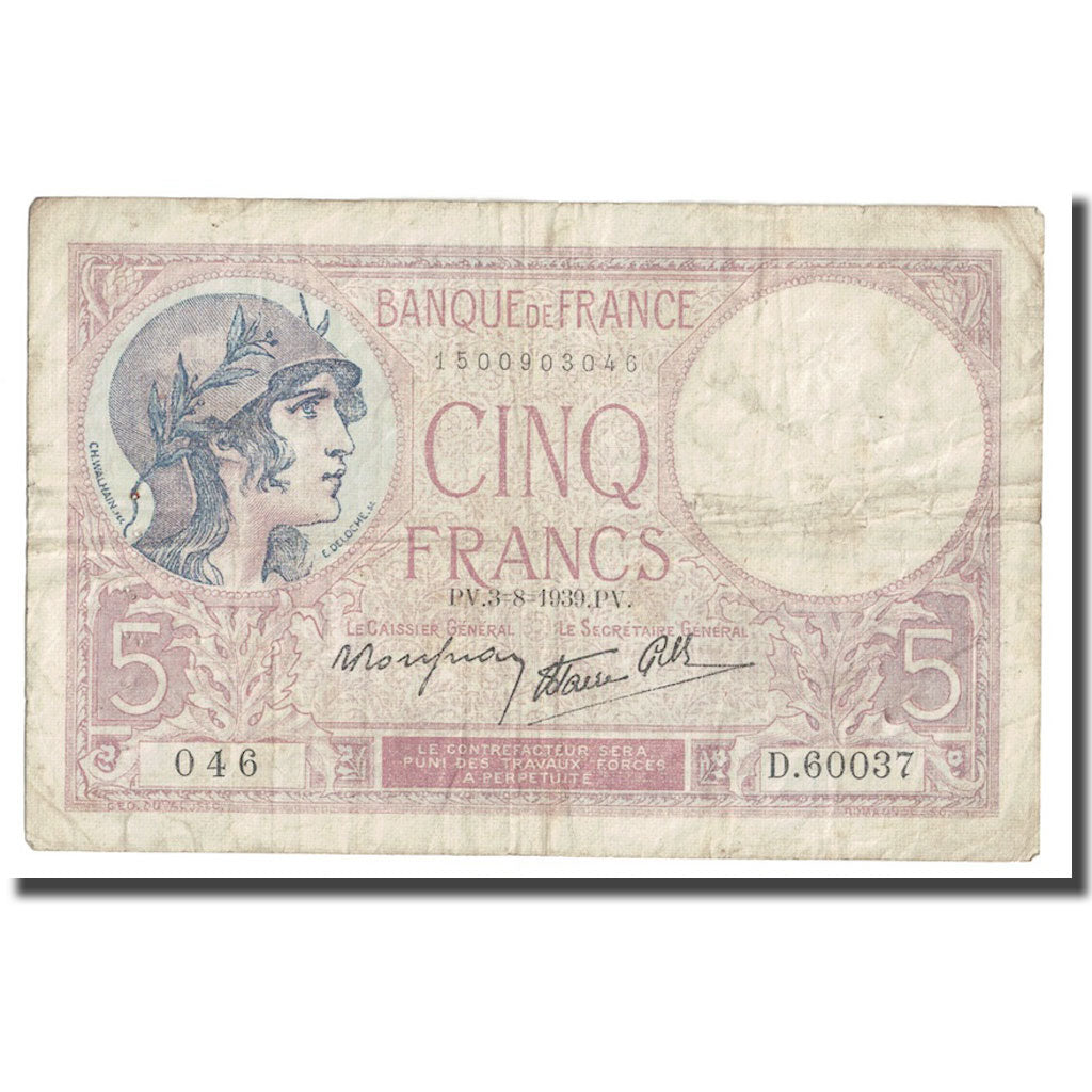 France, 5 Francs, Violet, 1939, 1939-08-03, F(12-15), Fayette:4.4, KM:83