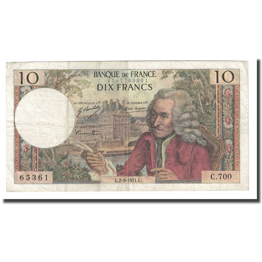 France, 10 Francs, Voltaire, 1971, 1971-09-02, VF(30-35), Fayette:62.51, KM:147d