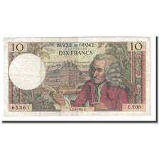 France, 10 Francs, Voltaire, 1971, 1971-09-02, VF(30-35), Fayette:62.51, KM:147d