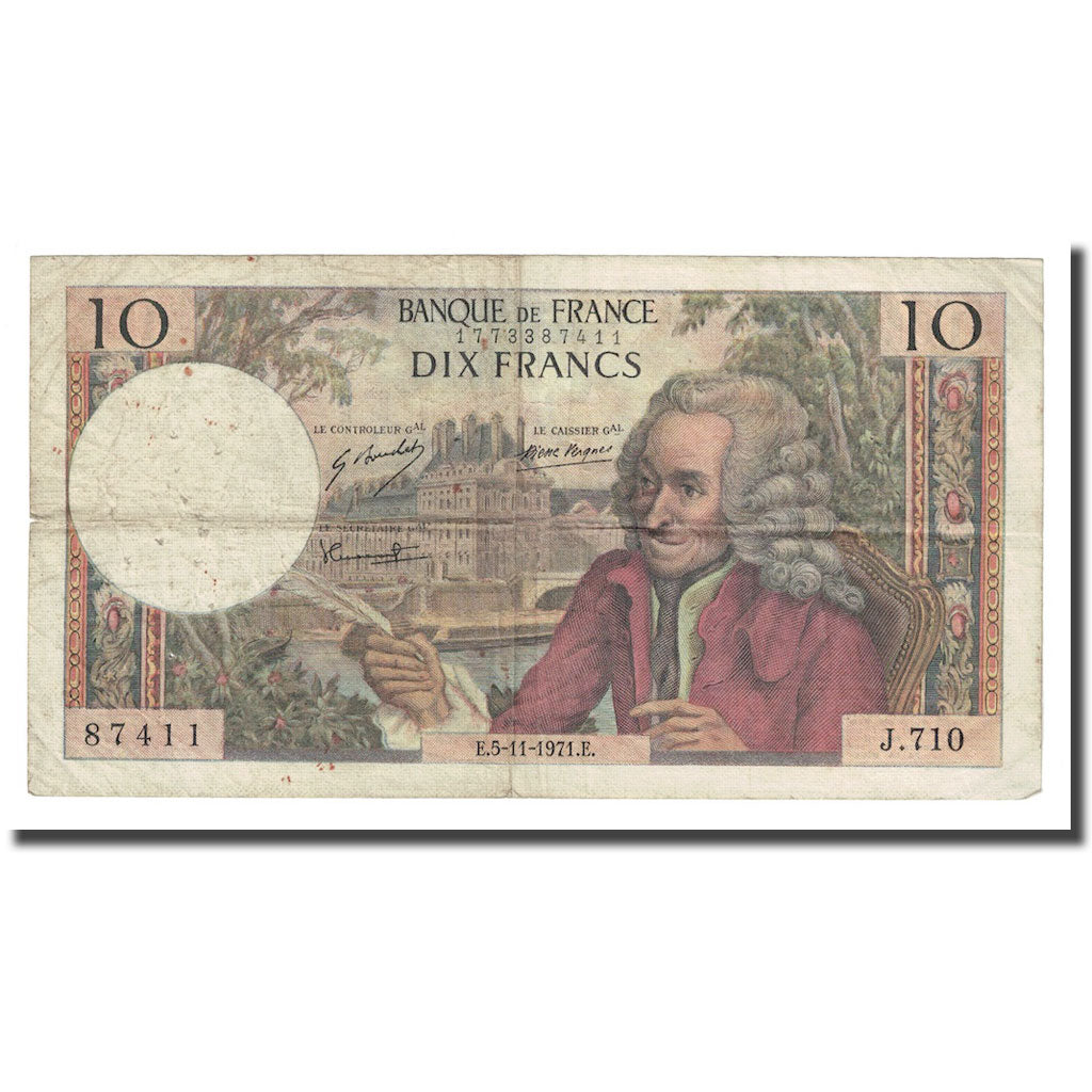 France, 10 Francs, Voltaire, 1971, 1971-11-05, B+, Fayette:62.52, KM:147d