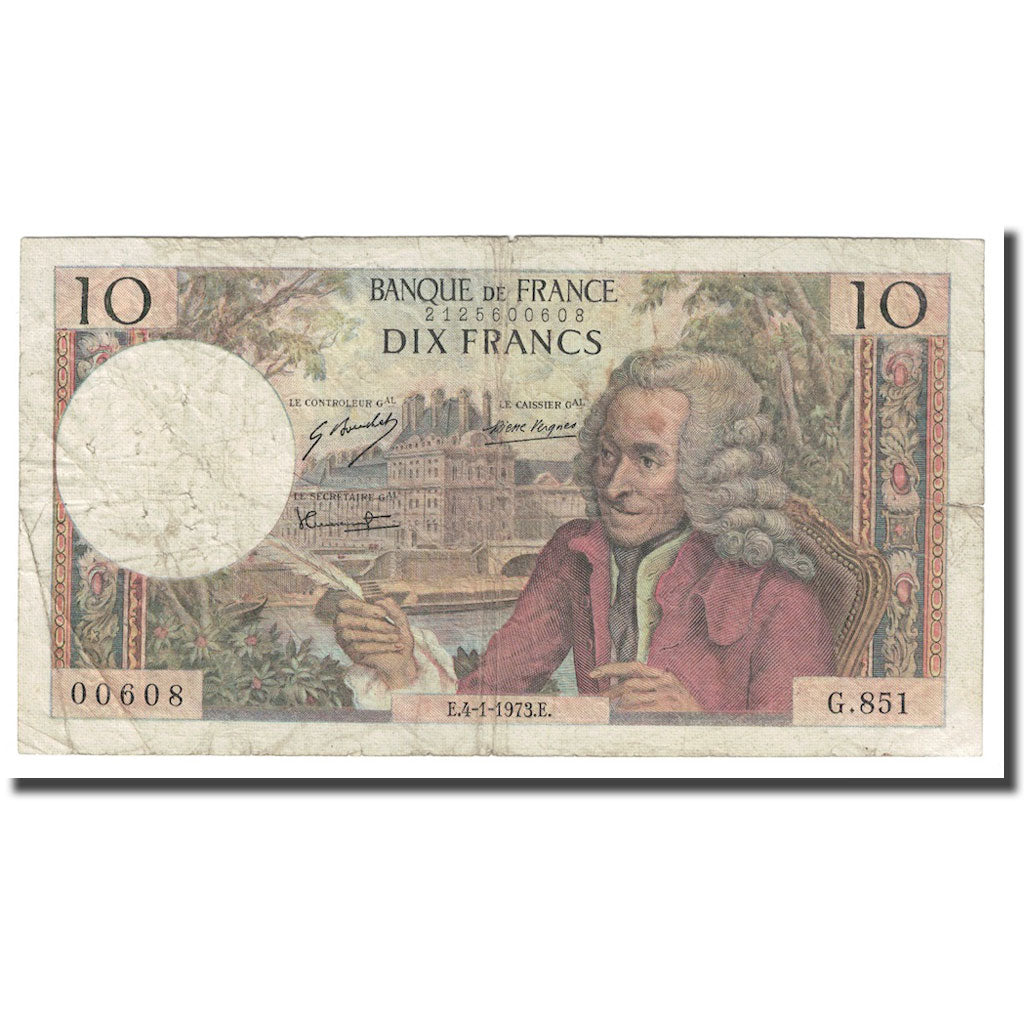 France, 10 Francs, Voltaire, 1973, 1973-01-04, B+, Fayette:62.60, KM:147d
