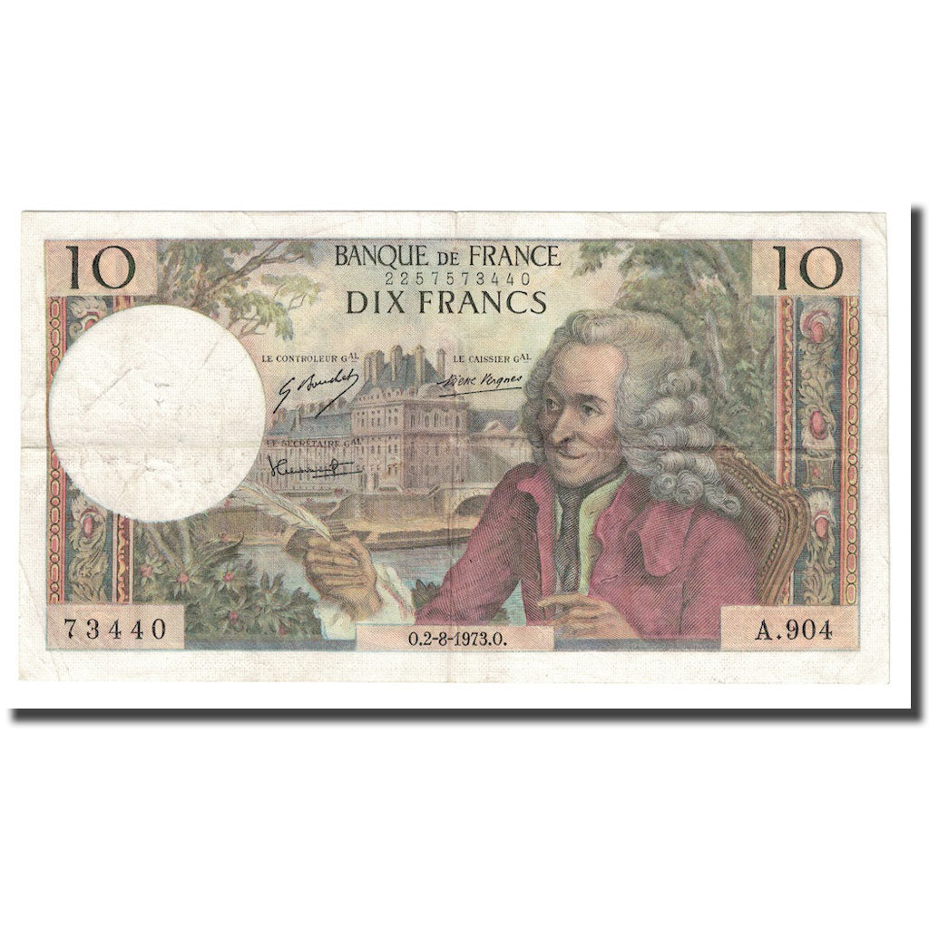 França, 10 Francs, Voltaire, 1973, 1973-08-02, EF(40-45), Fayette:62.63