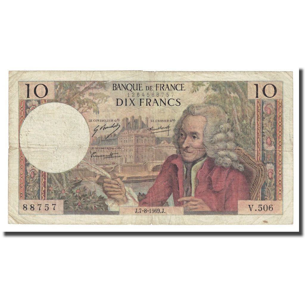 França, 10 Francs, Voltaire, 1969, 1969-08-07, VG(8-10), Fayette:62.39, KM:147c