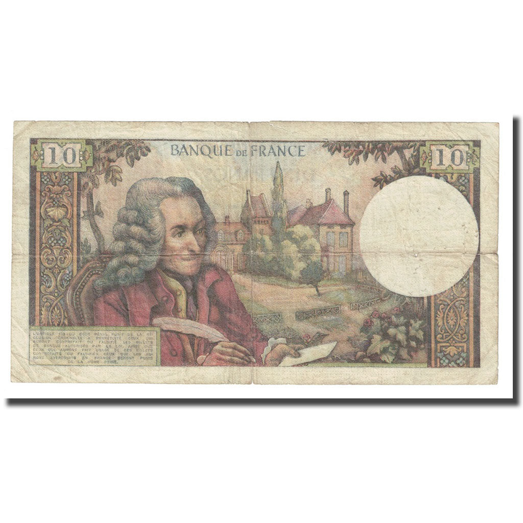 França, 10 Francs, Voltaire, 1969, 1969-08-07, VG(8-10), Fayette:62.39, KM:147c