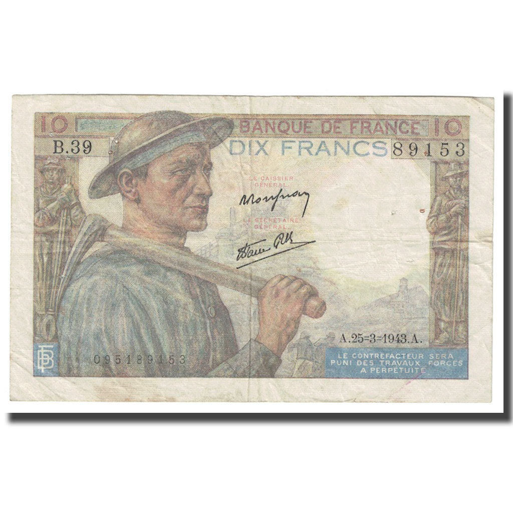Frankreich, 10 Francs, Mineur, 1943, 1943-03-25, S+, Fayette:8.8, KM:99e