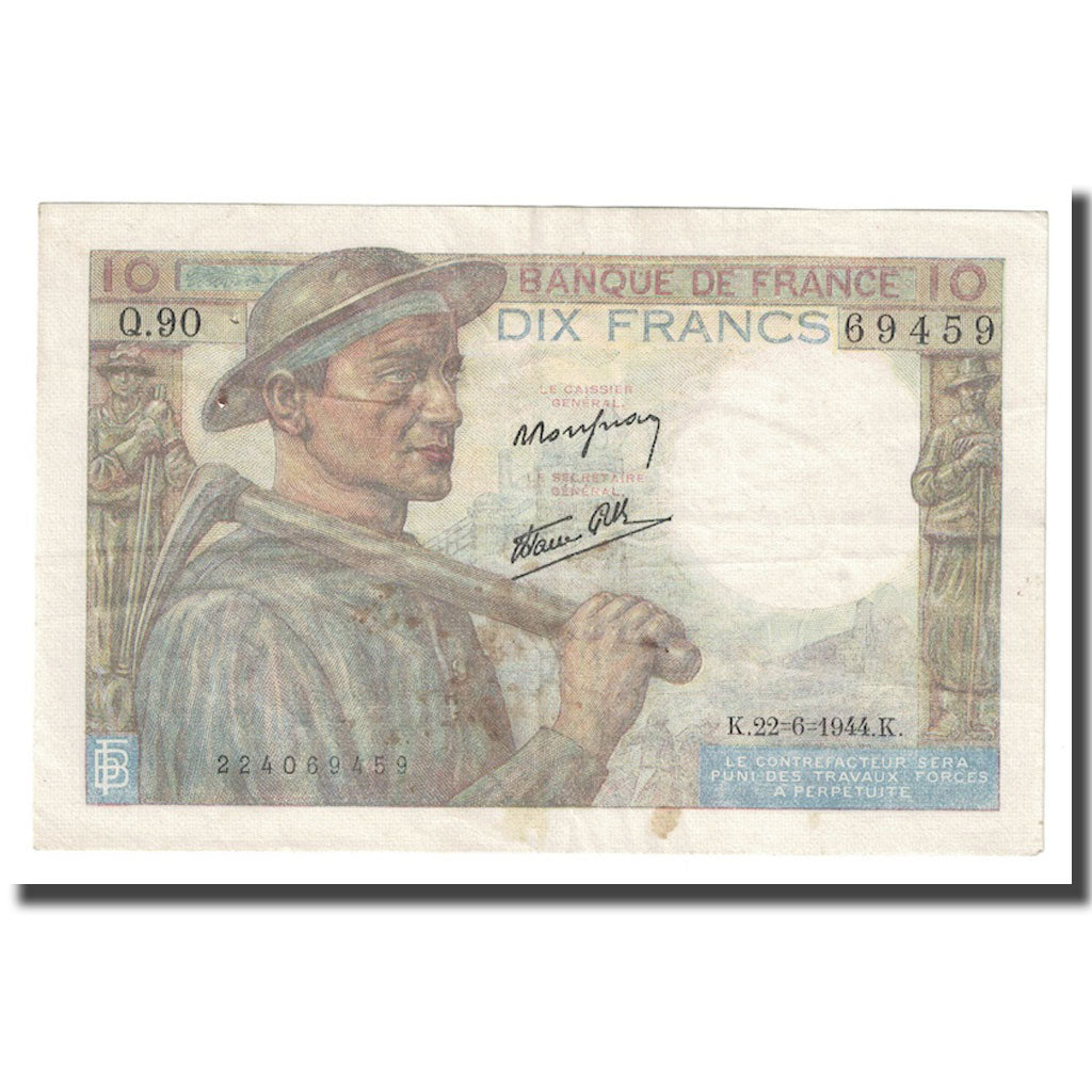 France, 10 Francs, Mineur, 1944, 1944-06-22, EF(40-45), Fayette:08.12, KM:99e
