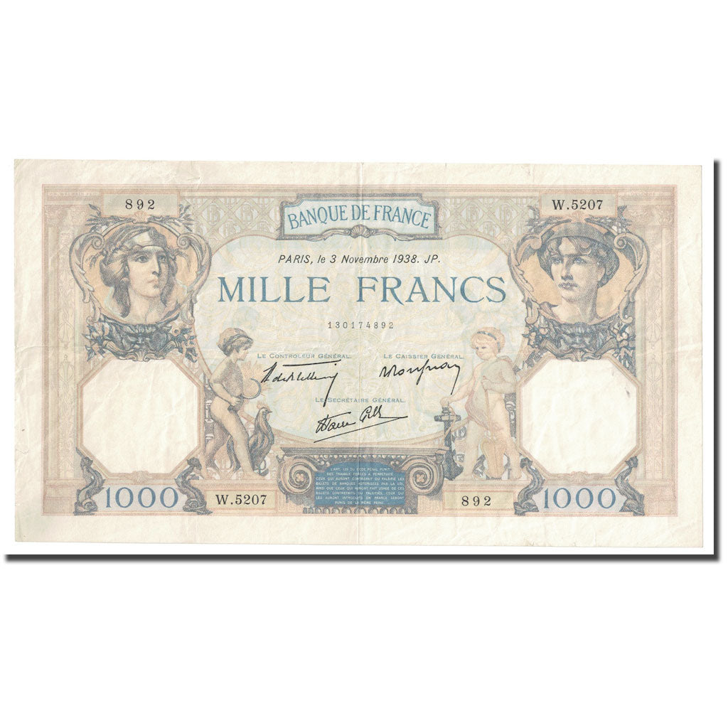 França, 1000 Francs, Cérès et Mercure, 1938, 1938-11-03, AU(50-53)