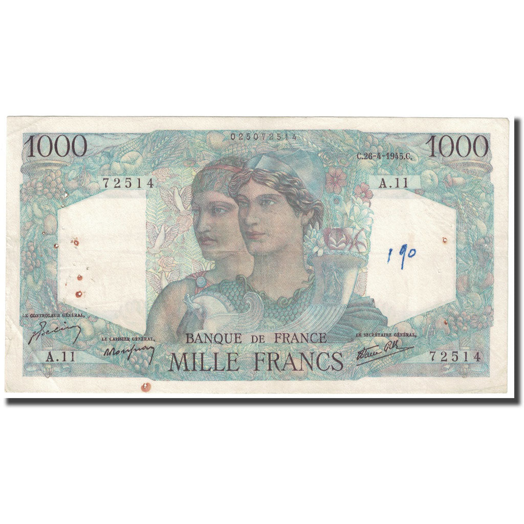 France, 1000 Francs, Minerve et Hercule, 1945, 1945-04-26, VF(30-35)