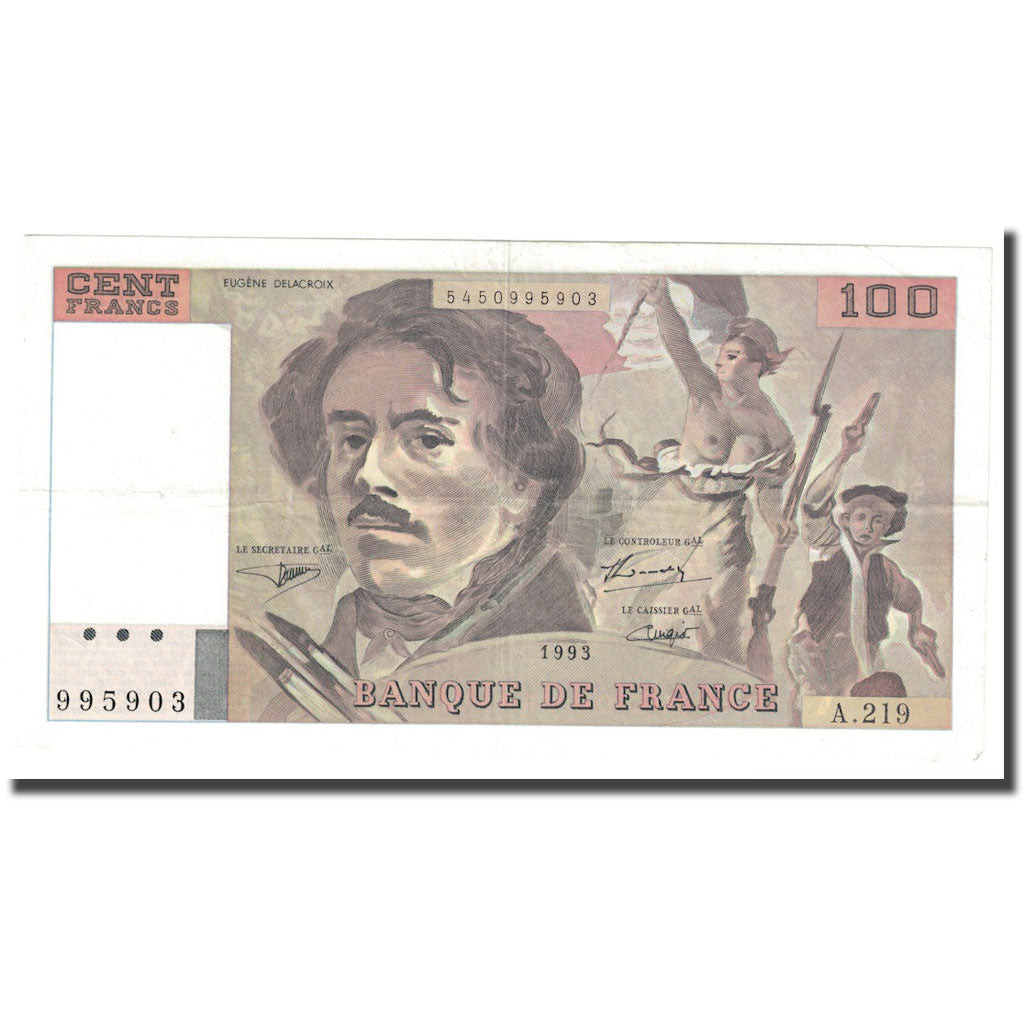 France, 100 Francs, Delacroix, 1993, EF(40-45), Fayette:69bis.7, KM:154g