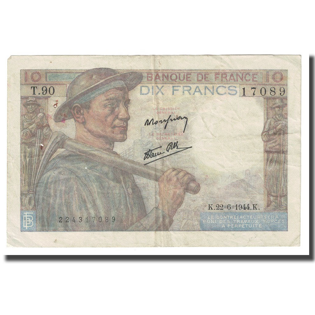 Francia, 10 Francs, Mineur, 1944, 1944-06-22, BC, Fayette:8.12, KM:99e