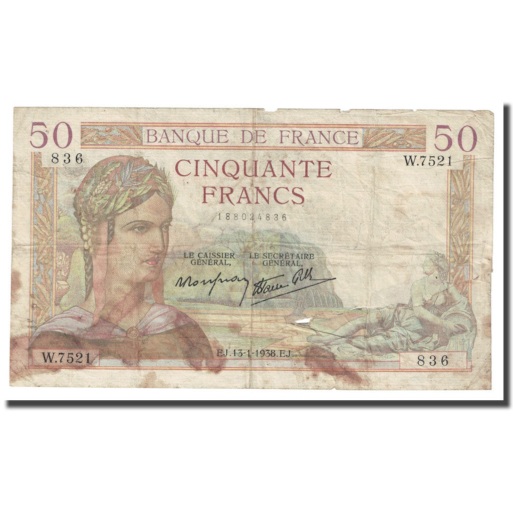 France, 50 Francs, Cérès, 1938, 1938-01-13, B, Fayette:18.7, KM:85b