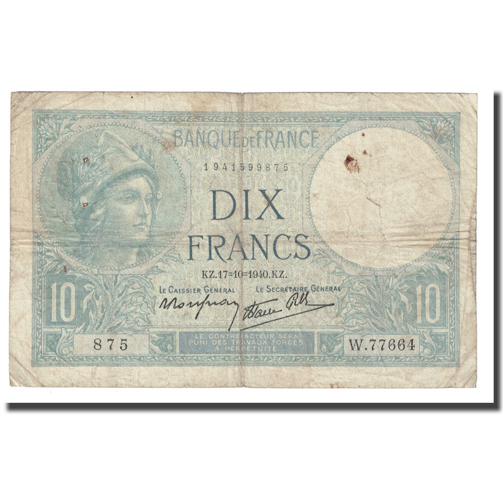 Frankrijk, 10 Francs, Minerve, 1940, 1940-10-17, TB, Fayette:7.17, KM:84
