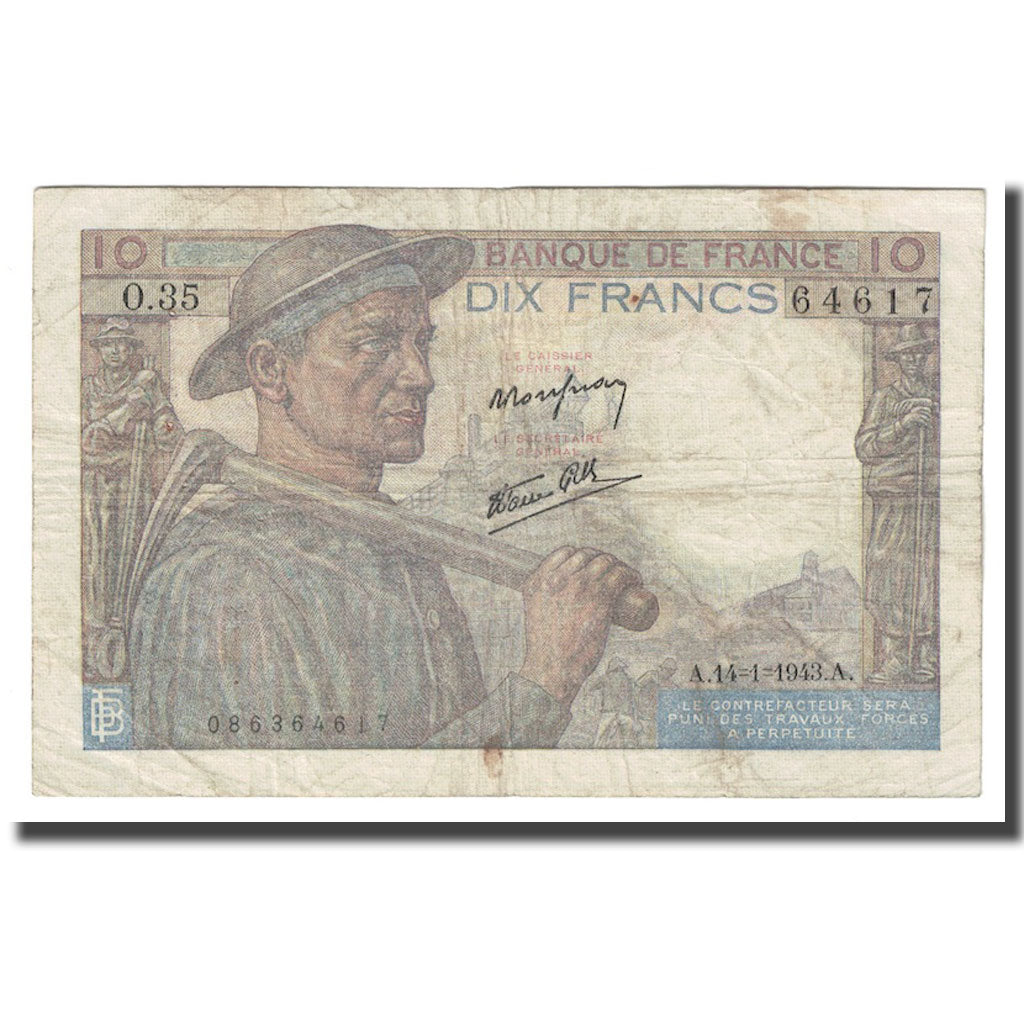 Francja, 10 Francs, Mineur, 1943, 1943-01-14, F(12-15), Fayette:8.7, KM:99b